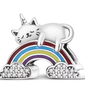 Sterling Silver Unicorn Cat Over the Rainbow Charm